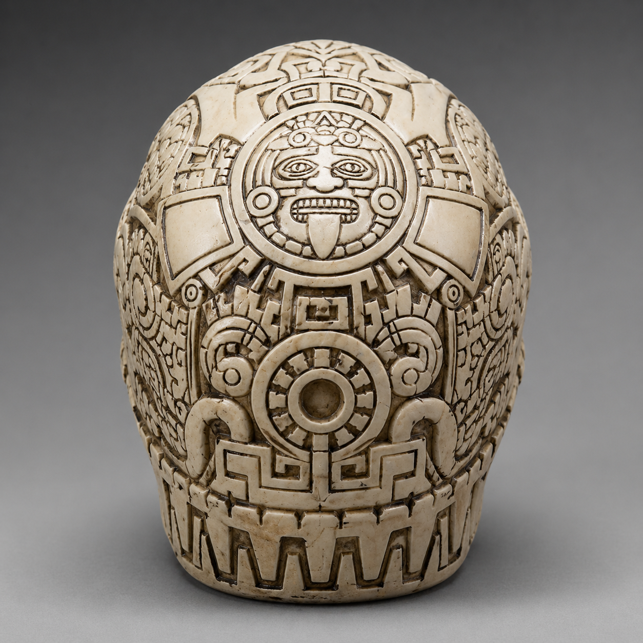 Aztec Skull with intricate Mayan-style carvings on a gray background
