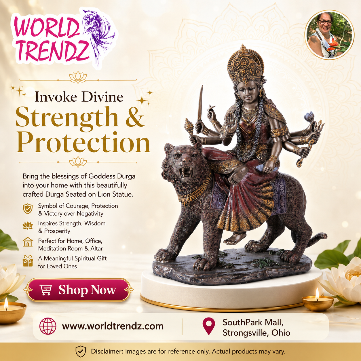 A promotional product image for a World Trendz 'Invoke Divine Strength & Protection' Durga statue. The image shows a detailed bronze-finished statue of Goddess Durga riding a lion, set against a light beige background with decorative white flowers and gold oil lamps.