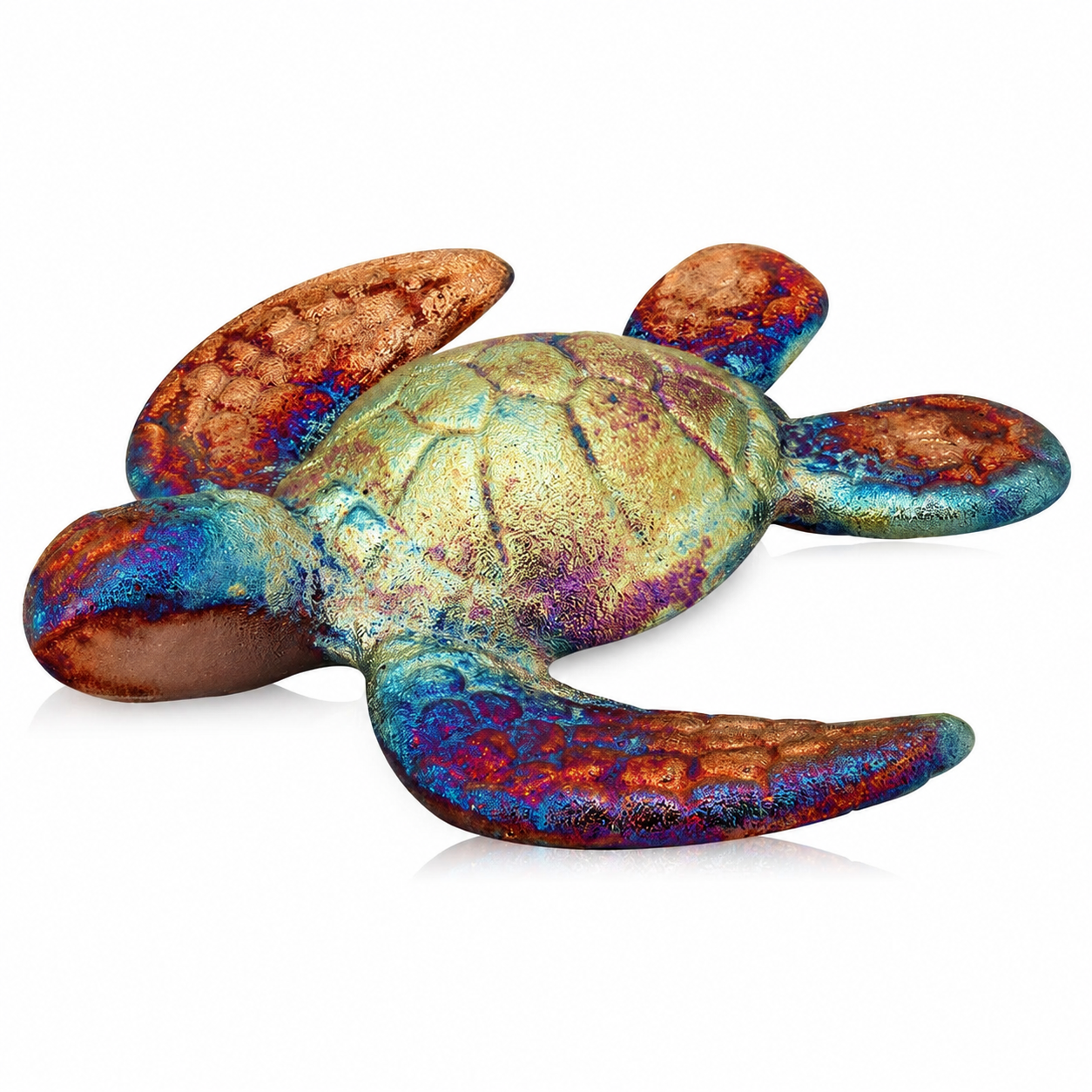 Colorful ceramic turtle sculpture on a white background
