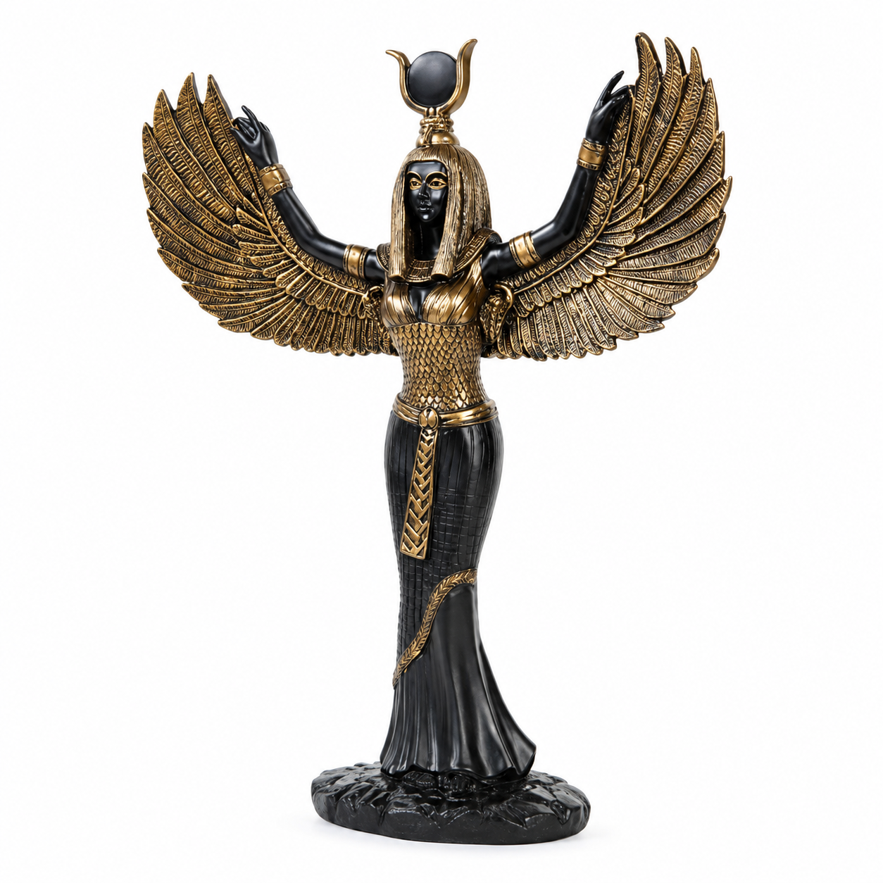 Statue of Isis Mythological Black Finish and gold details on a white background