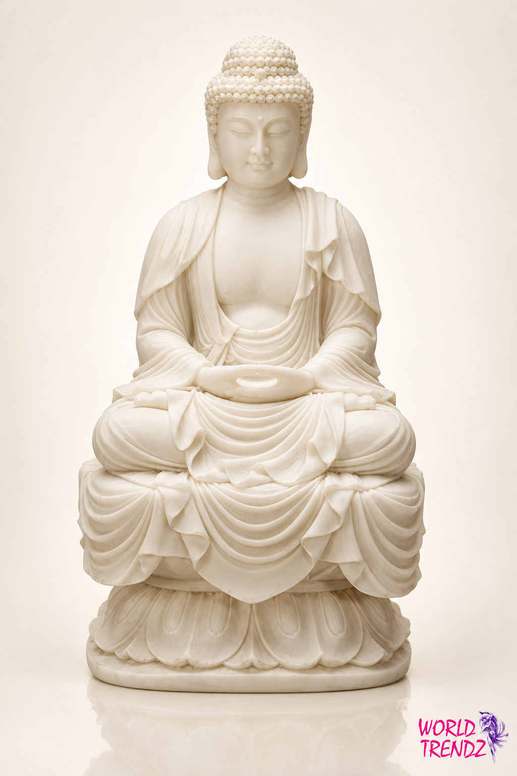A white marble-style seated Cream Tara Buddha statue with detailed drapery and a lotus base, photographed against a warm off-white studio background.