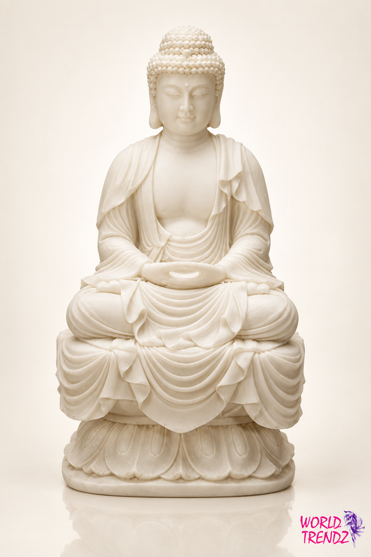 A white marble-style seated Cream Tara Buddha statue with detailed drapery and a lotus base, photographed against a warm off-white studio background.