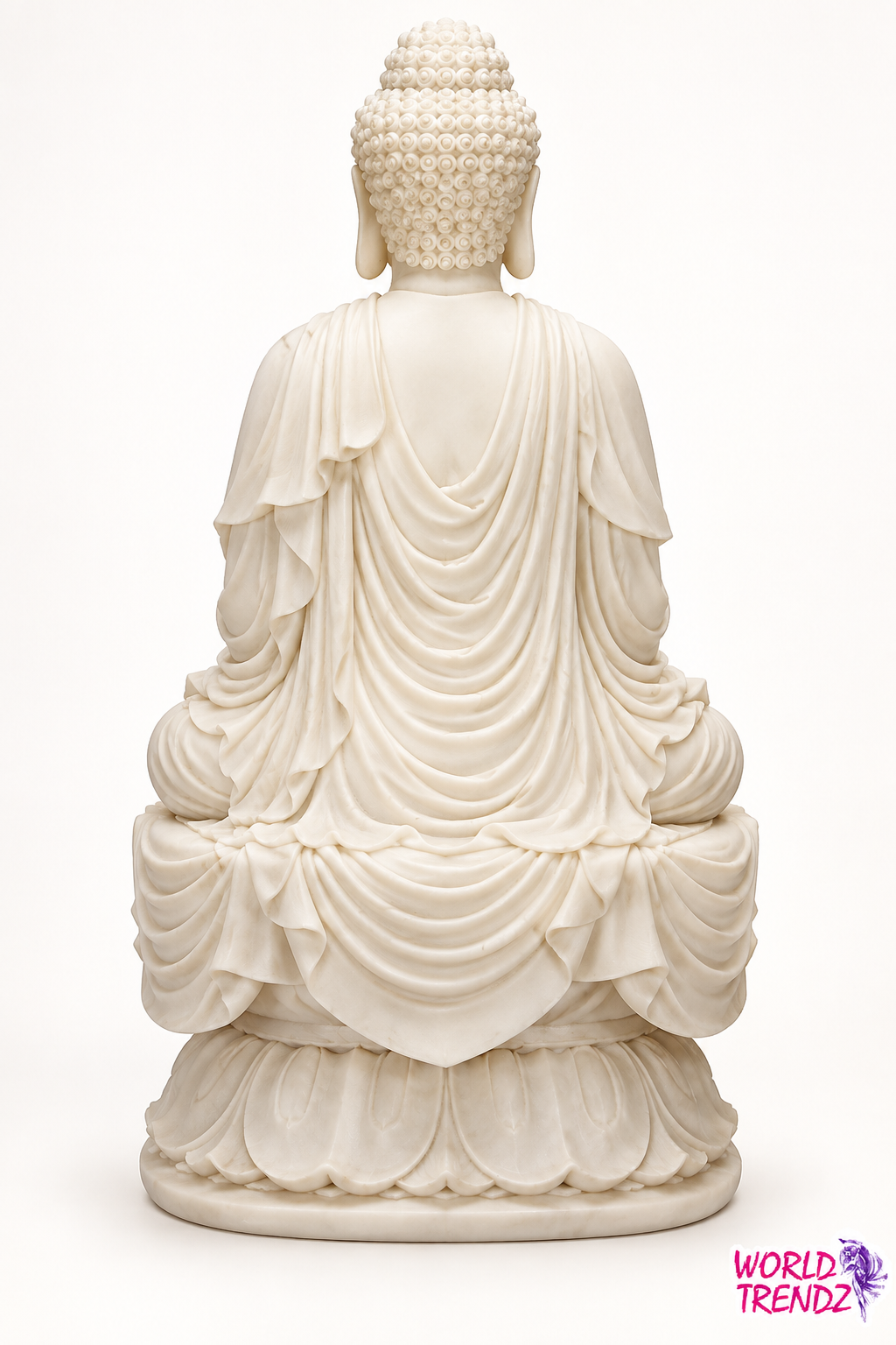 An off-white marble Cream Tara Buddha statue shown from the back, seated on a lotus base against a clean white background.