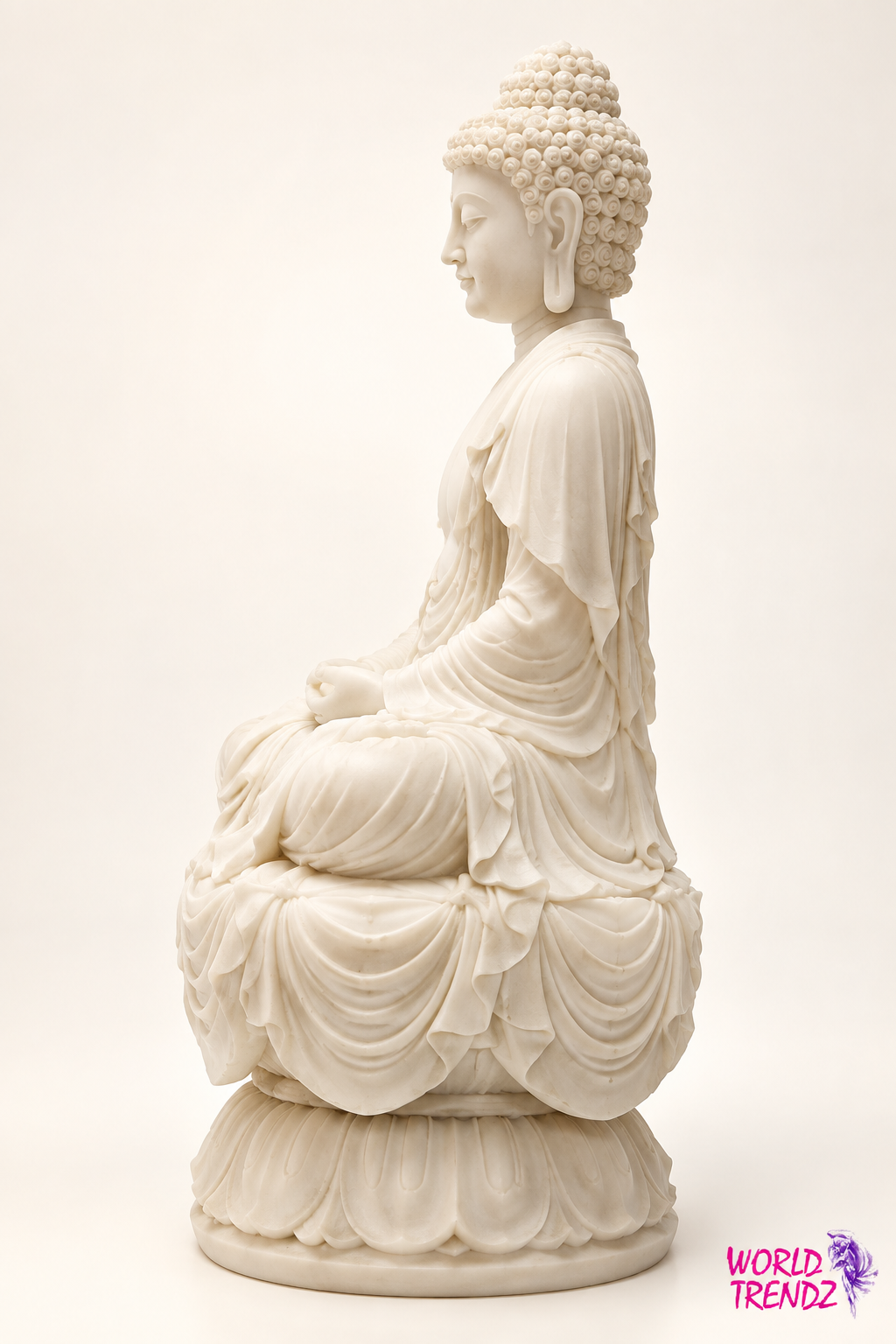 A white marble Cream Tara Buddha statue shown in profile, seated on a lotus base against a plain white background. A 'World Trendz' logo is visible in the bottom right corner.