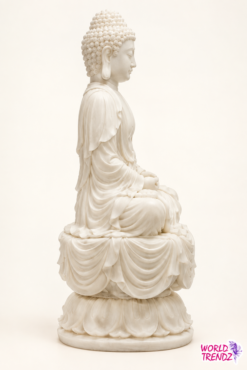 A white marble-style Cream Tara Buddha statue seated in a meditative pose on a lotus base, shown against a plain white background with a small 'World Trendz' logo in the bottom right corner.