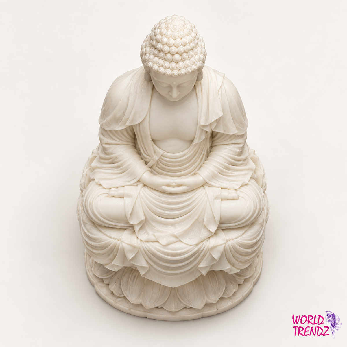 A Cream Tara Buddha statue shown from the back, seated on a lotus base against a clean white background.