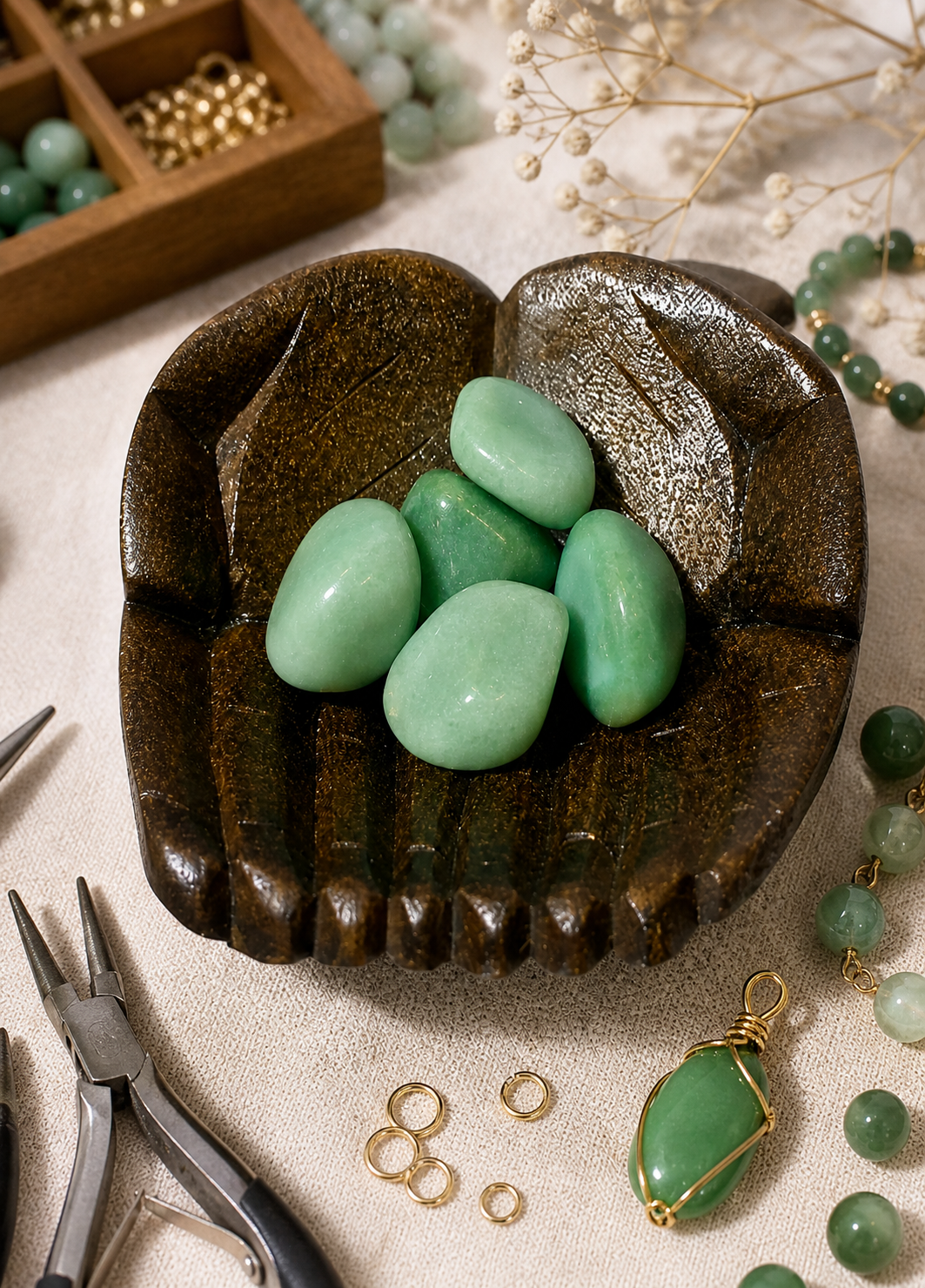 A detailed still-life of smooth aventurine stones placed in a wooden hand-shaped dish, representing a user selecting gemstones for handmade jewelry creation. The natural textures and soft reflections highlight the stones’ suitability for crafting bracelets, pendants, or rings, without altering the original arrangement.