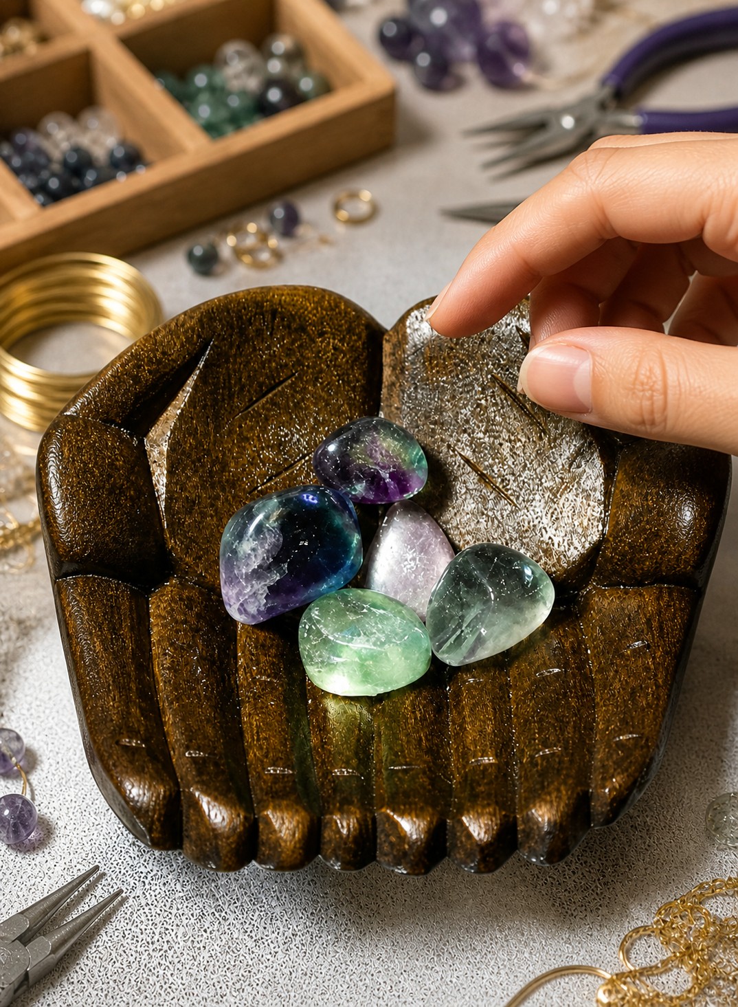 A moment where a user is choosing crystals for jewelry making with a soft blurred background of a crafting table with tools (wires, beads, pliers) and a partially visible hand reaching toward the stones (without touching or altering them).