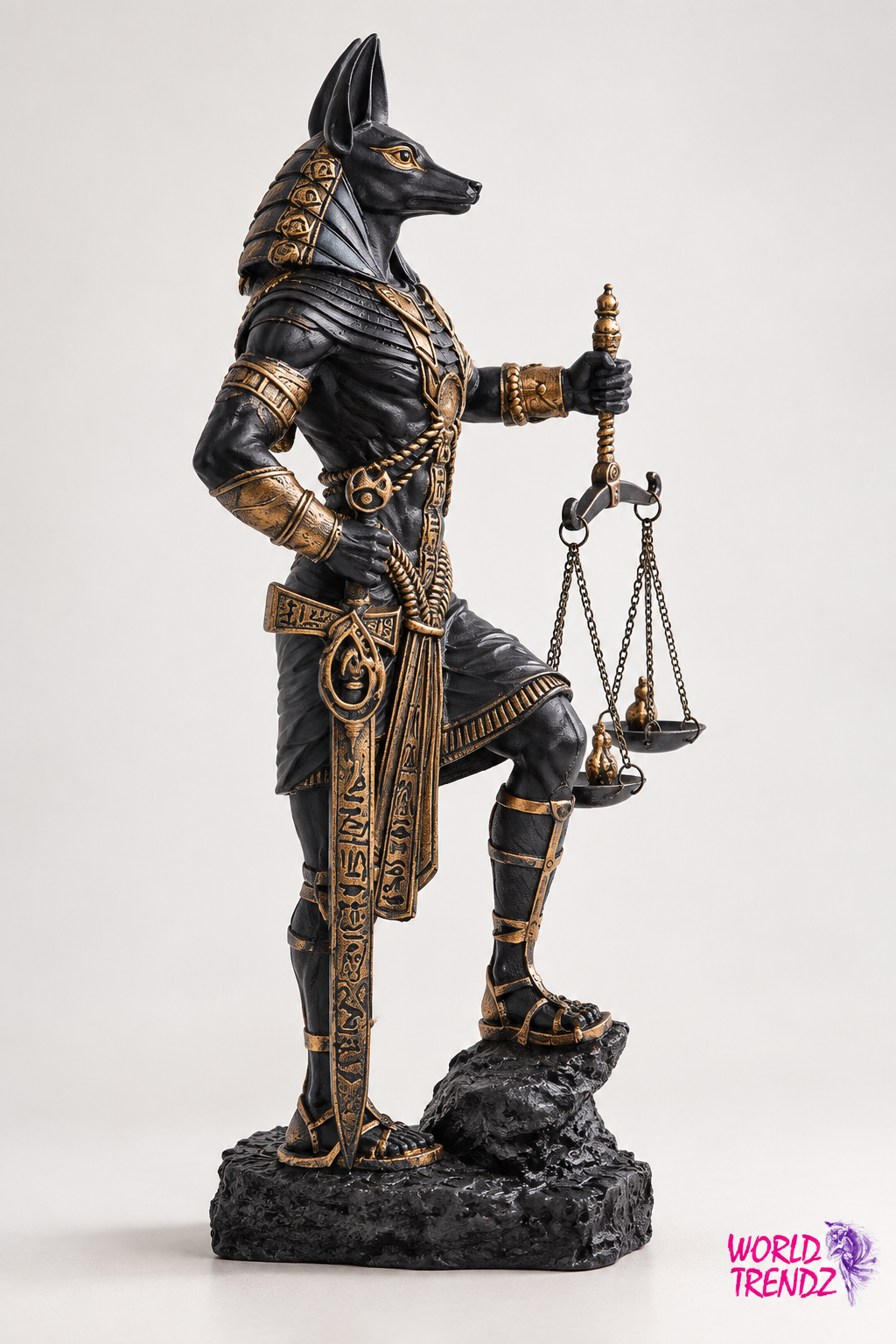 An Egyptian Judgement of Anubis statue depicted as a canine-headed warrior holding a balance scale, in black armor with gold accents, standing on a dark textured base against a light gray background.