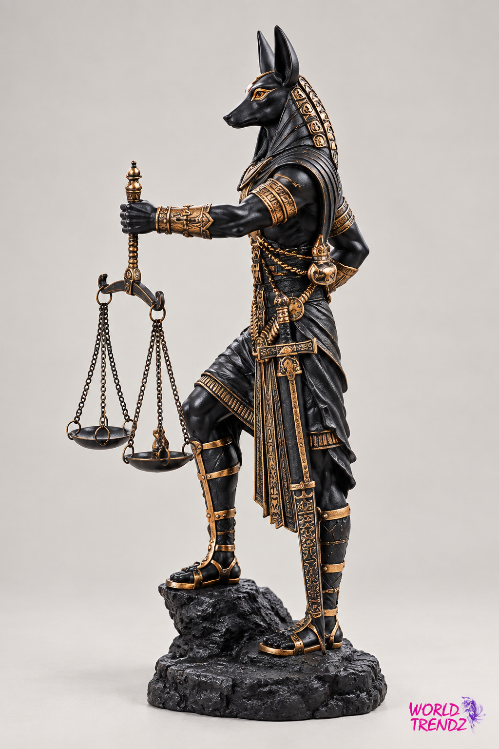An Egyptian Judgement of Anubis statue holding a scale of justice, featuring a black and gold color scheme on a dark textured base, photographed against a neutral gray background.