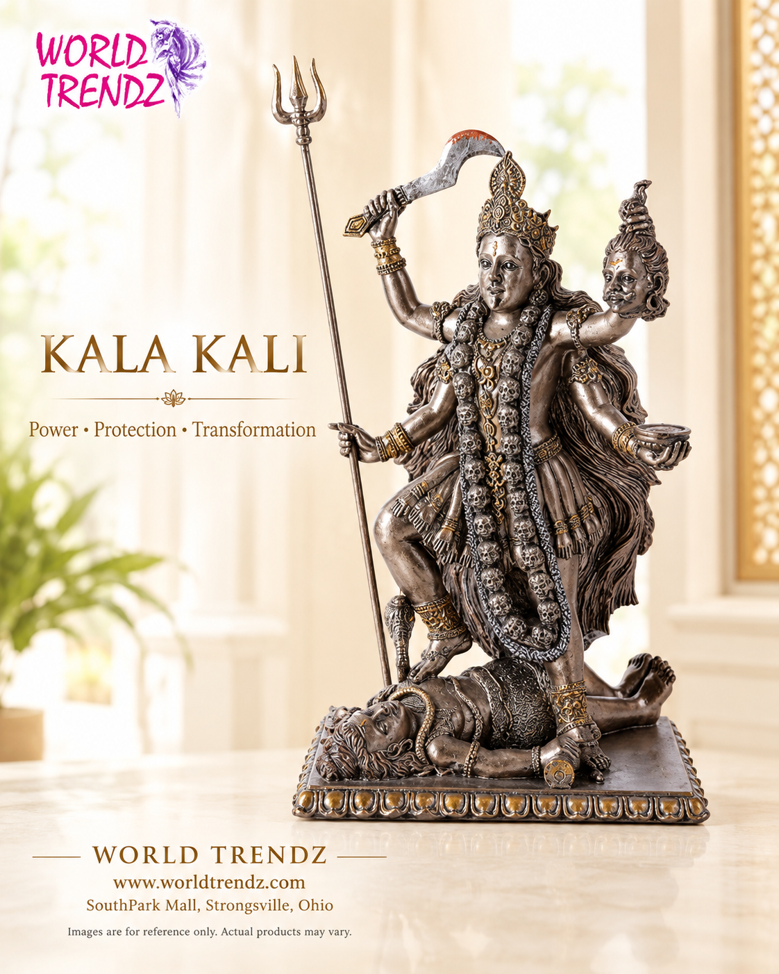 A bronze-toned Kala Kali statue with ornate detailing, standing on a decorated base and holding a trident and sickle, shown against a softly blurred indoor background with promotional text and the World Trendz logo.