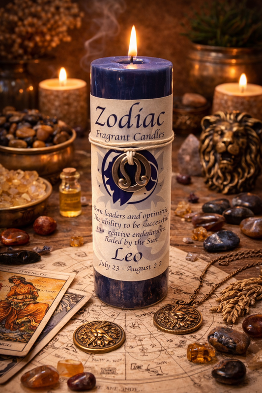 Zodiac candle labeled 'Leo' on a mystical table with crystals, stones, and tarot cards.