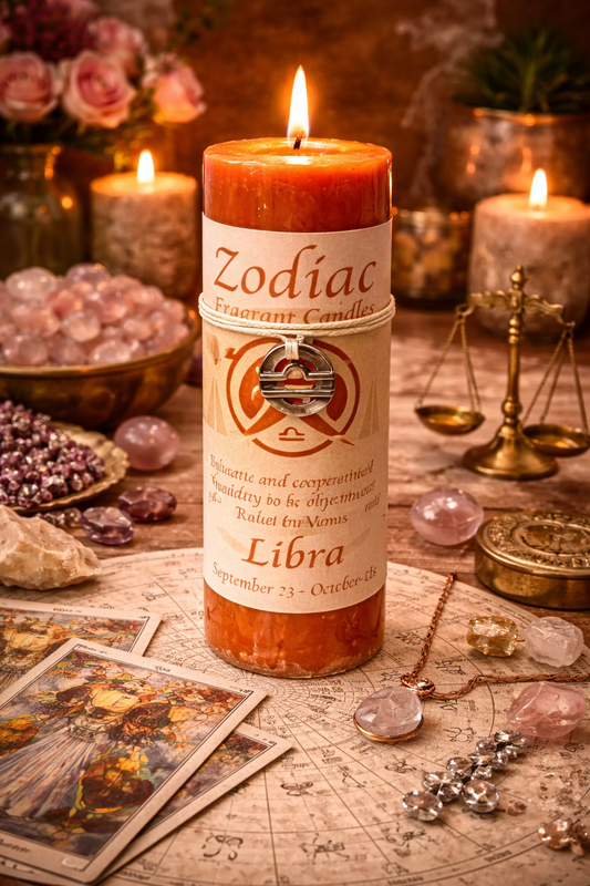 Zodiac Libra candle on a table with tarot cards, crystals, and scales.