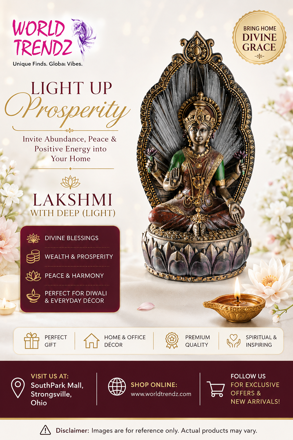 A promotional graphic for a Lakshmi statue by World Trendz. The central product is a metallic gold and silver Lakshmi idol seated in a lotus pose inside a dark shadow-arch shade, with a lit diya and white flowers as props.