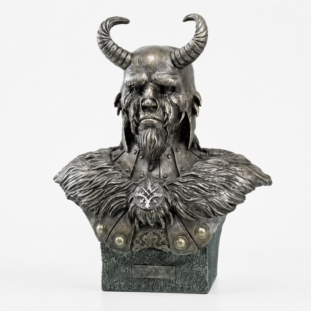 Bronze bust of Loki Armored God w/ Horns, a figure with horns and beard on a white background
