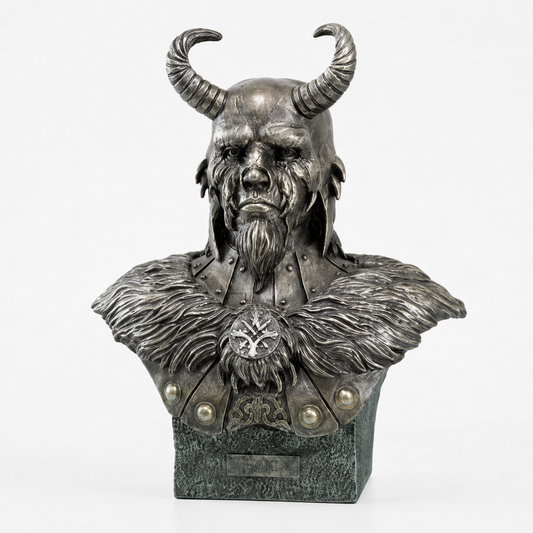 Bronze bust of Loki Armored God w/ Horns, a figure with horns and beard on a white background