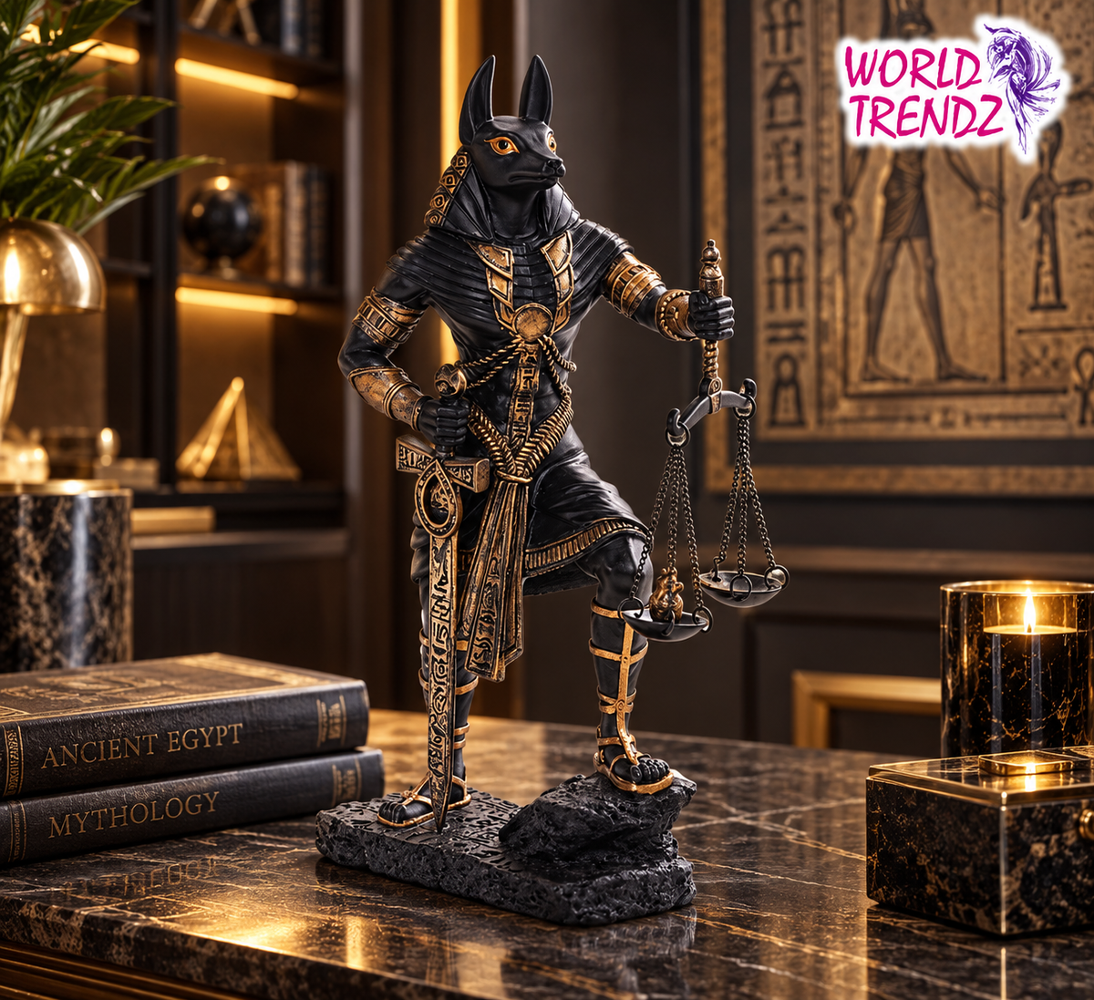 An Egyptian Judgement of Anubis statue of the god of death, depicted as a jackalope holding a balance scale, standing on a dark marble tabletop in a luxurious room setting with books and candles.