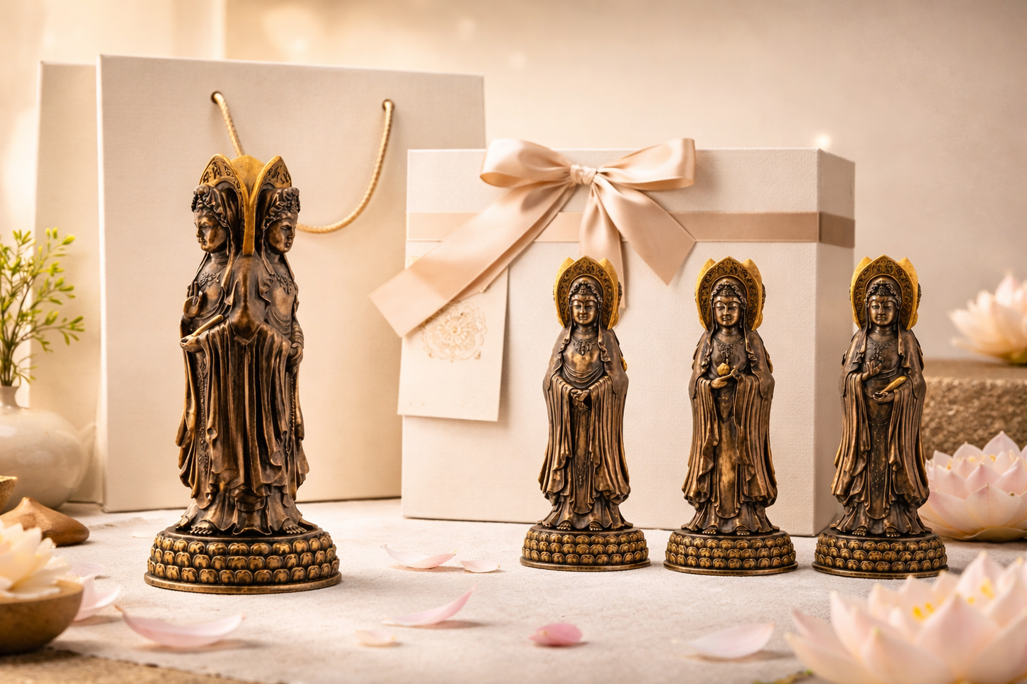 Bronze statue of 3 Faced Kuanyin deity on a decorative table with gift boxes in the background.