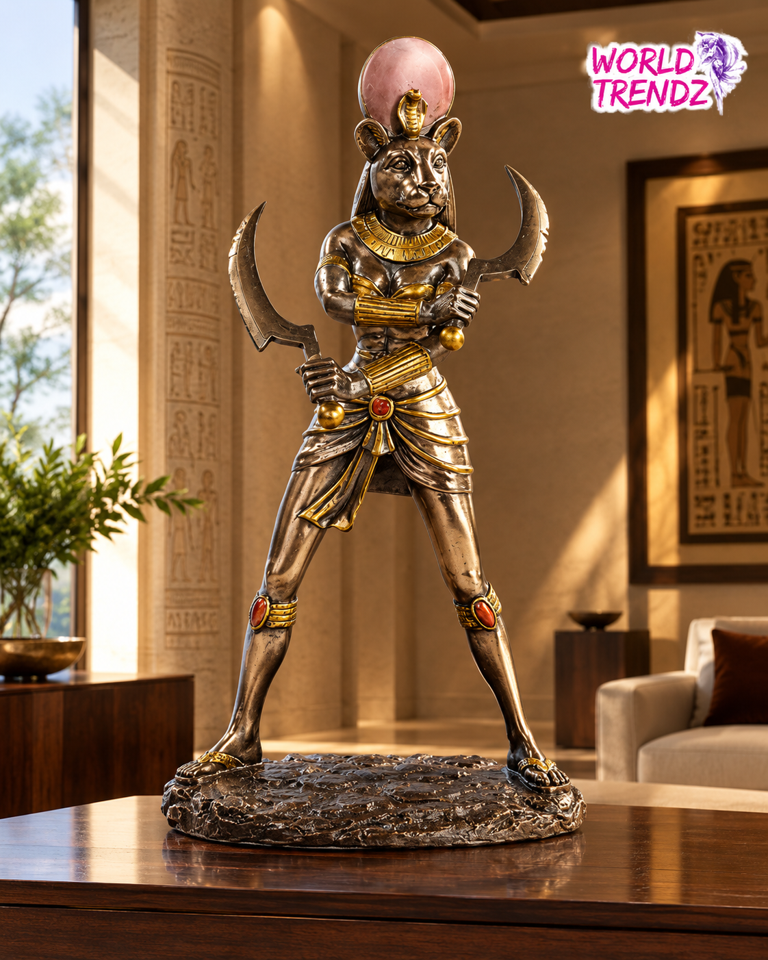 An Egyptian Sekhmet Statue with a pink sun disc on her head, holding two curved sickles, standing on a textured base in a modern, sunlit living room setting.