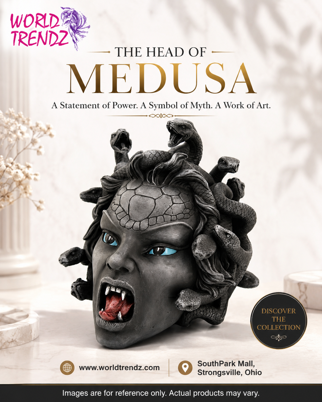 A promotional product image for a 'The Head of Medusa' sculpture by World Trendz. The dark gray sculpture depicts Medusa's face with snakes for hair, blue eyes, and an open mouth showing teeth and tongue.