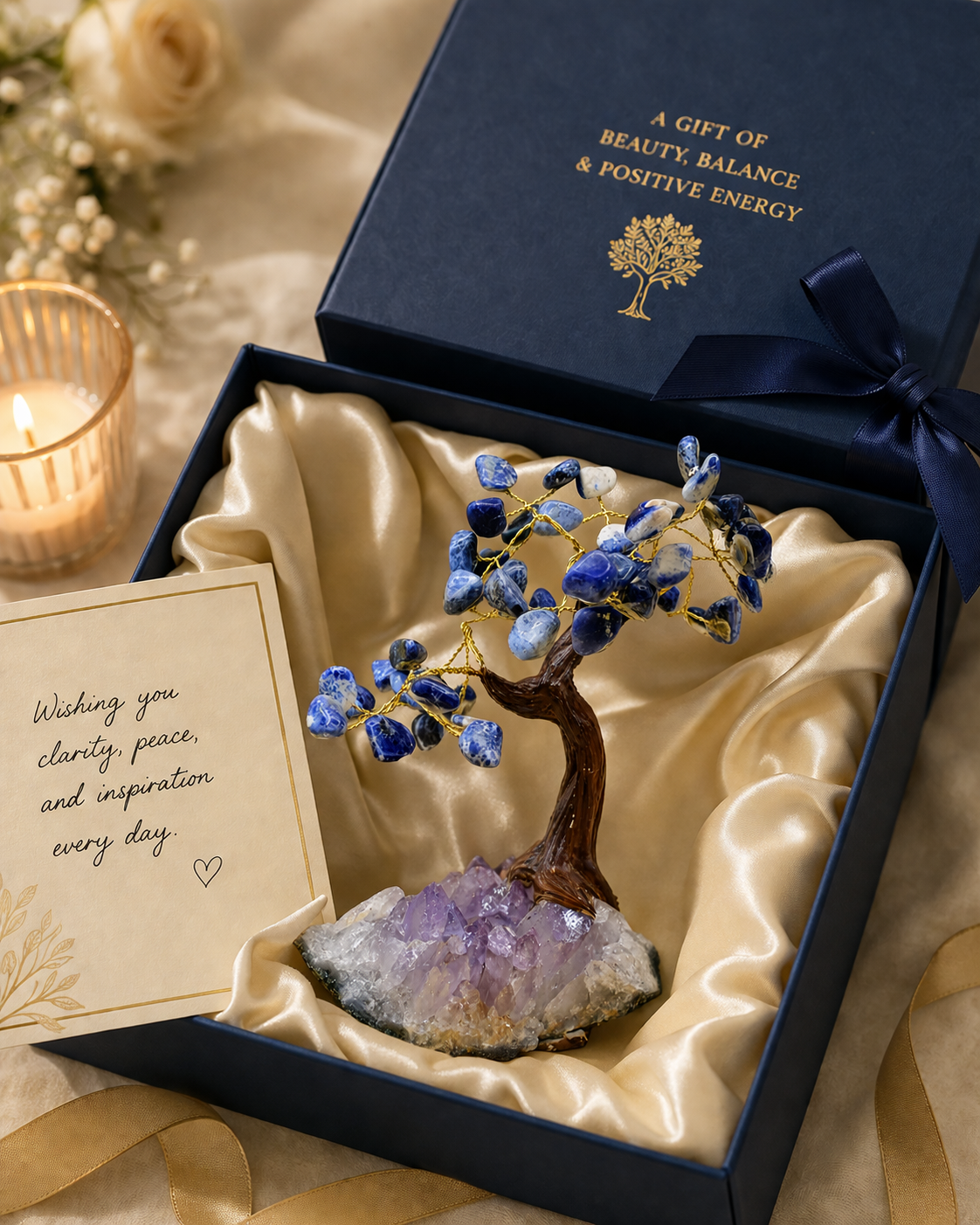 Sodalite gemstone tree inside a premium gift box with satin lining, accompanied by a handwritten note, portraying it as a thoughtful and luxurious gift for a special occasion.