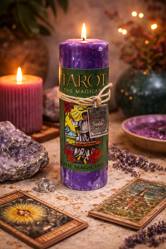 Purple tarot-themed candle with cards and crystals on a mystical table setting.