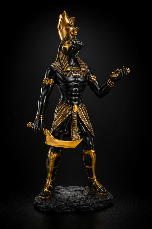 Statue of a winged Egyptian deity Horus with gold and black details on a dark background
