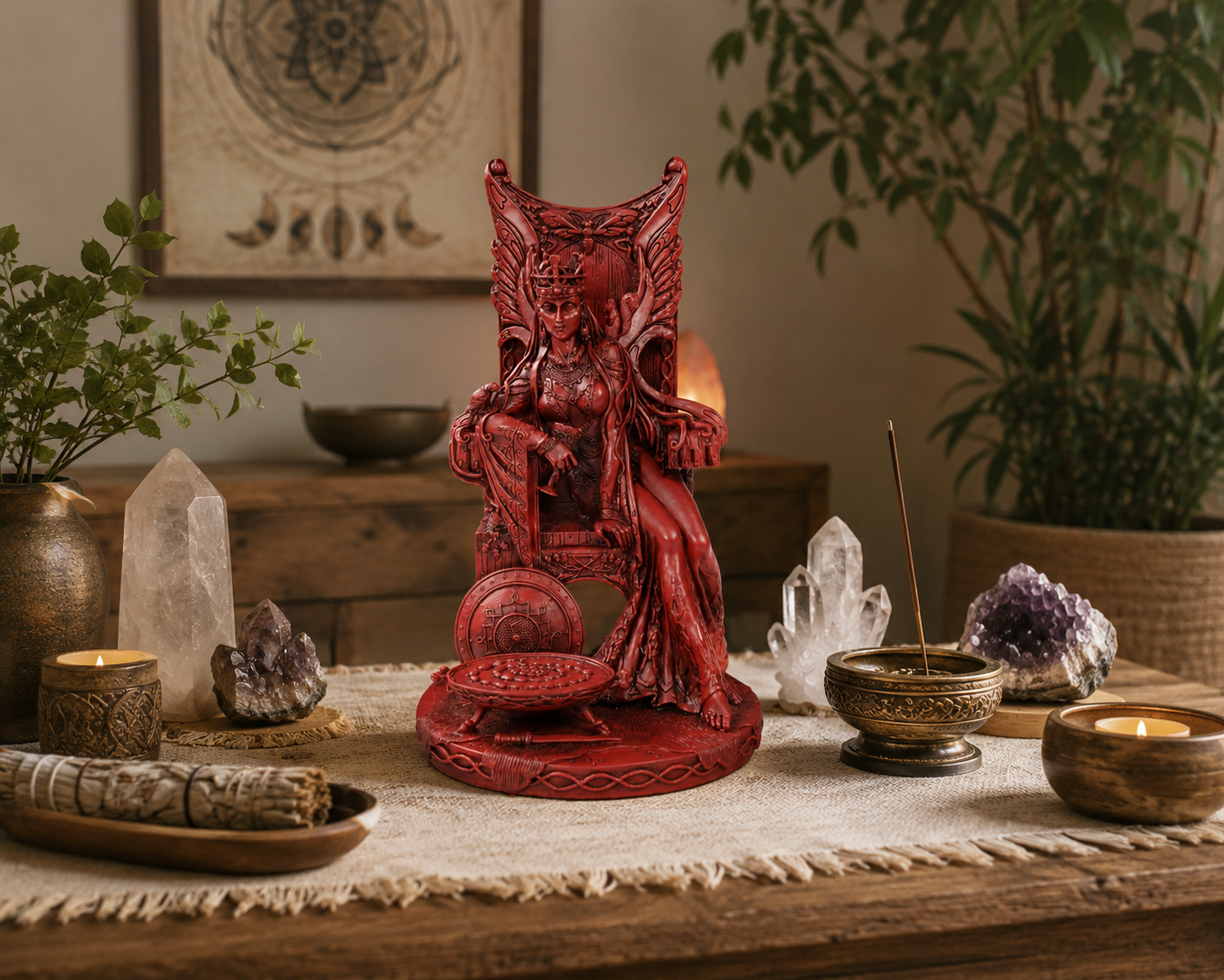 Goddess Maeve on a table with candles, crystals, and plants in a room setting