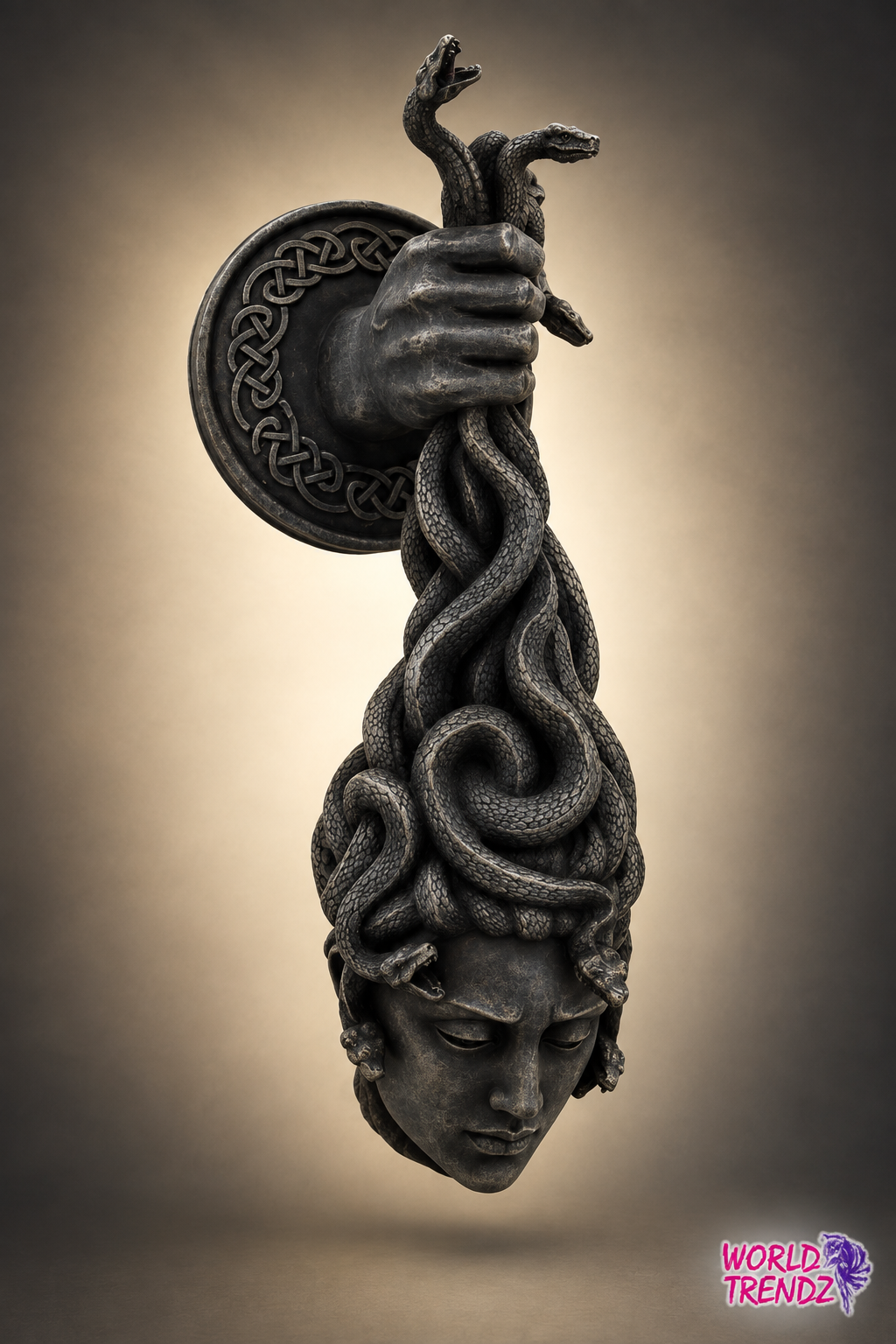A gothic-style decorative sculpture of Medusa, featuring a human head with snakes for hair, held by a hand from behind against a circular wall plaque, shown on a warm gradient background.