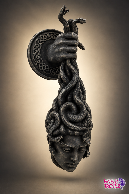 A gothic-style decorative sculpture of Medusa, featuring a human head with snakes for hair, held by a hand from behind against a circular wall plaque, shown on a warm gradient background.