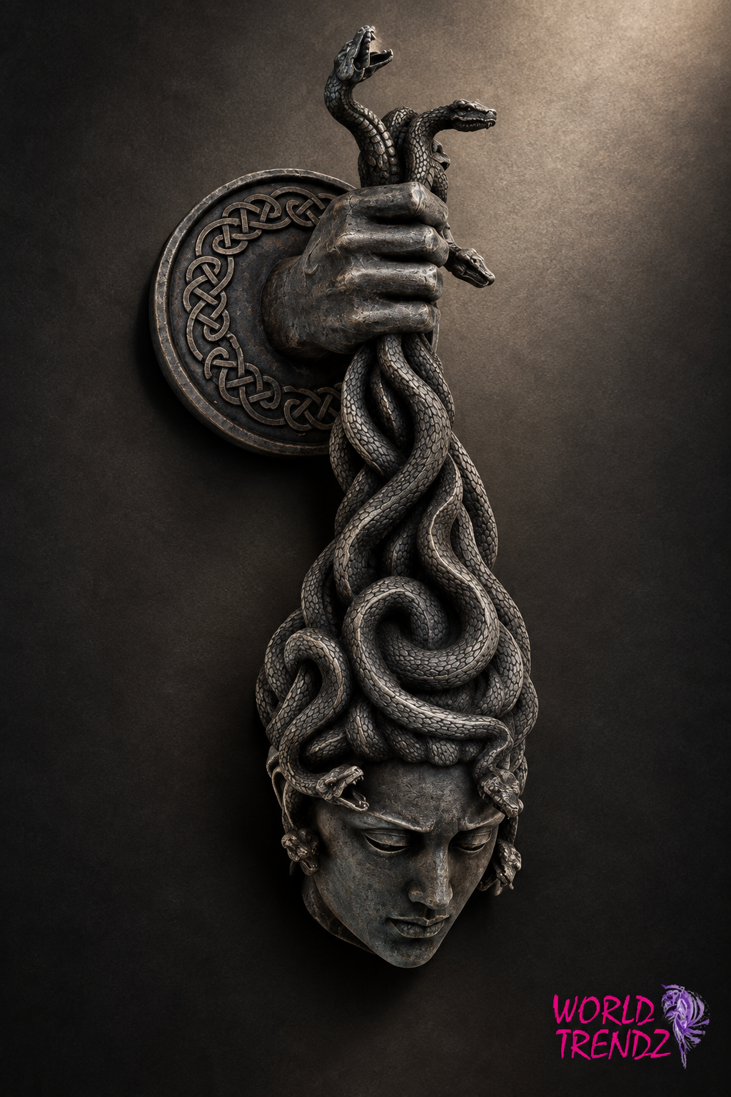 A gothic-style wall sculpture depicting Medusa, with a human hand gripping a coiled snake and holding Medusa's head. The sculpture is finished in a dark textured gray with metallic highlights, mounted on a dark background with dramatic spotlighting.