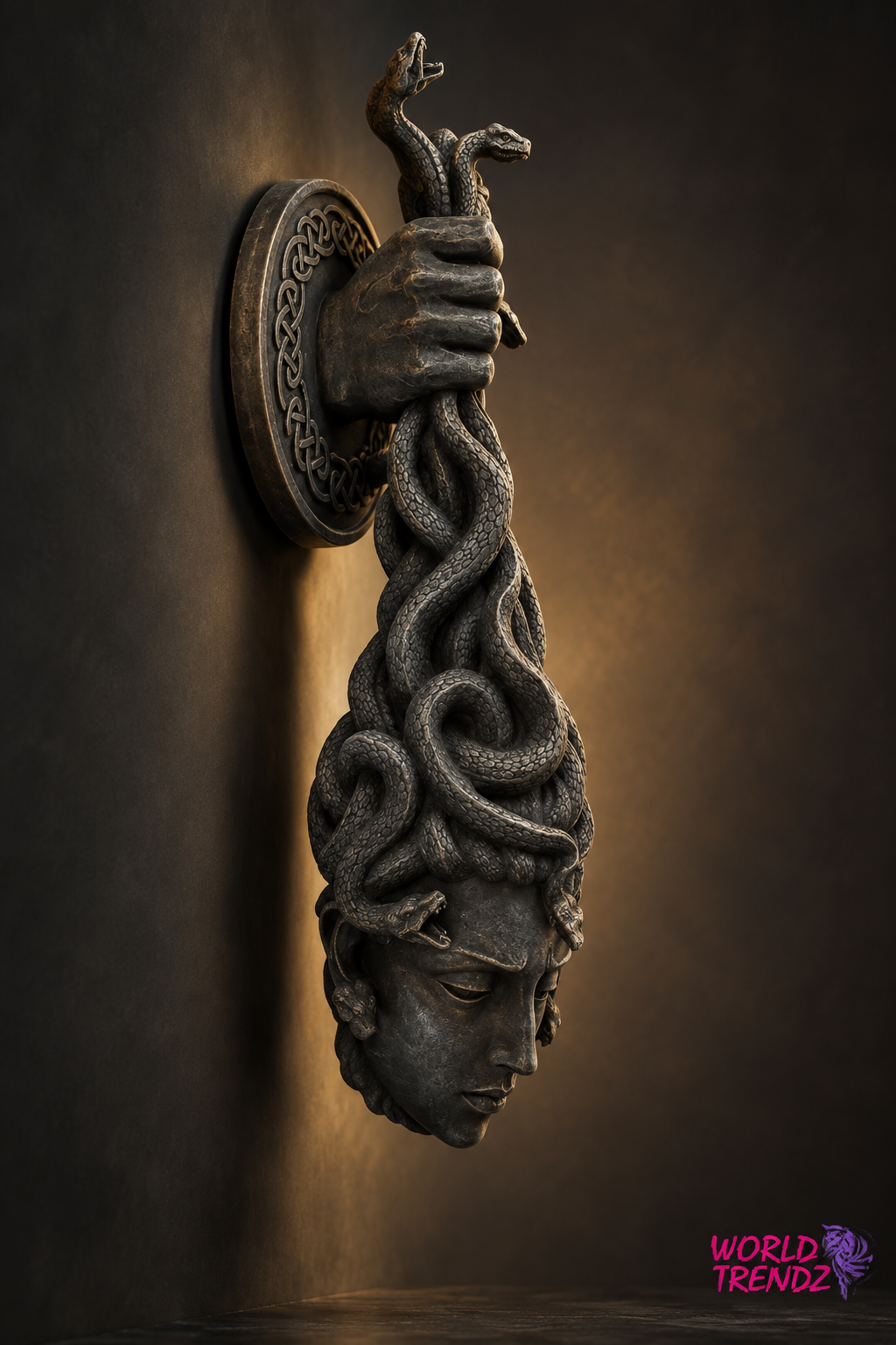 A gothic wall sconce featuring a sculpted head of Medusa with snakes for hair, held by a hand from a circular wall plate, shown lit against a dark brown background.