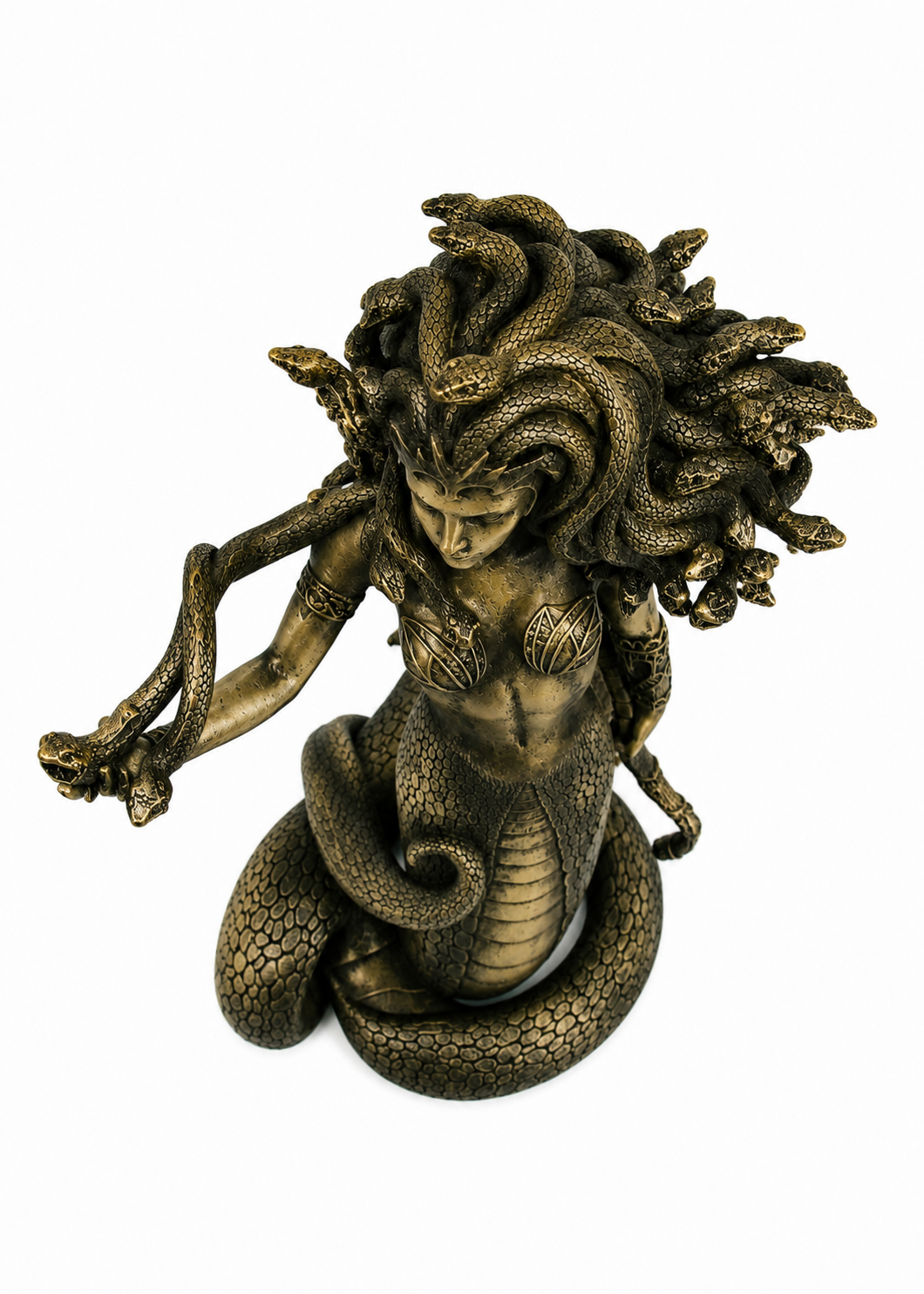Bronze statue of Medusa a mythical creature with snake-like body and human upper body on a white background