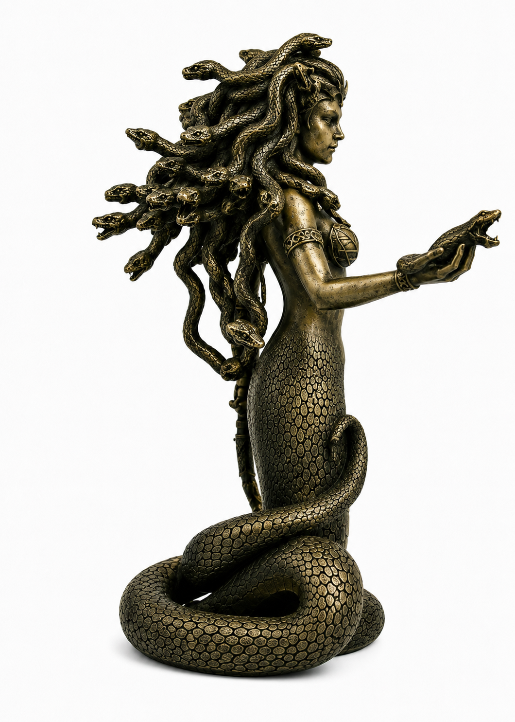 Bronze statue of Medusa with snake-like tail on a white background