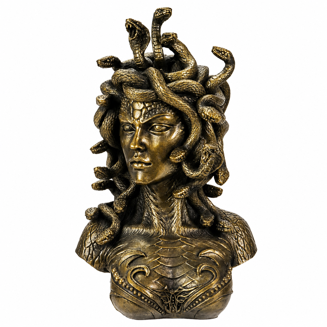 Bronze bust of Medusa with snakes on a white background