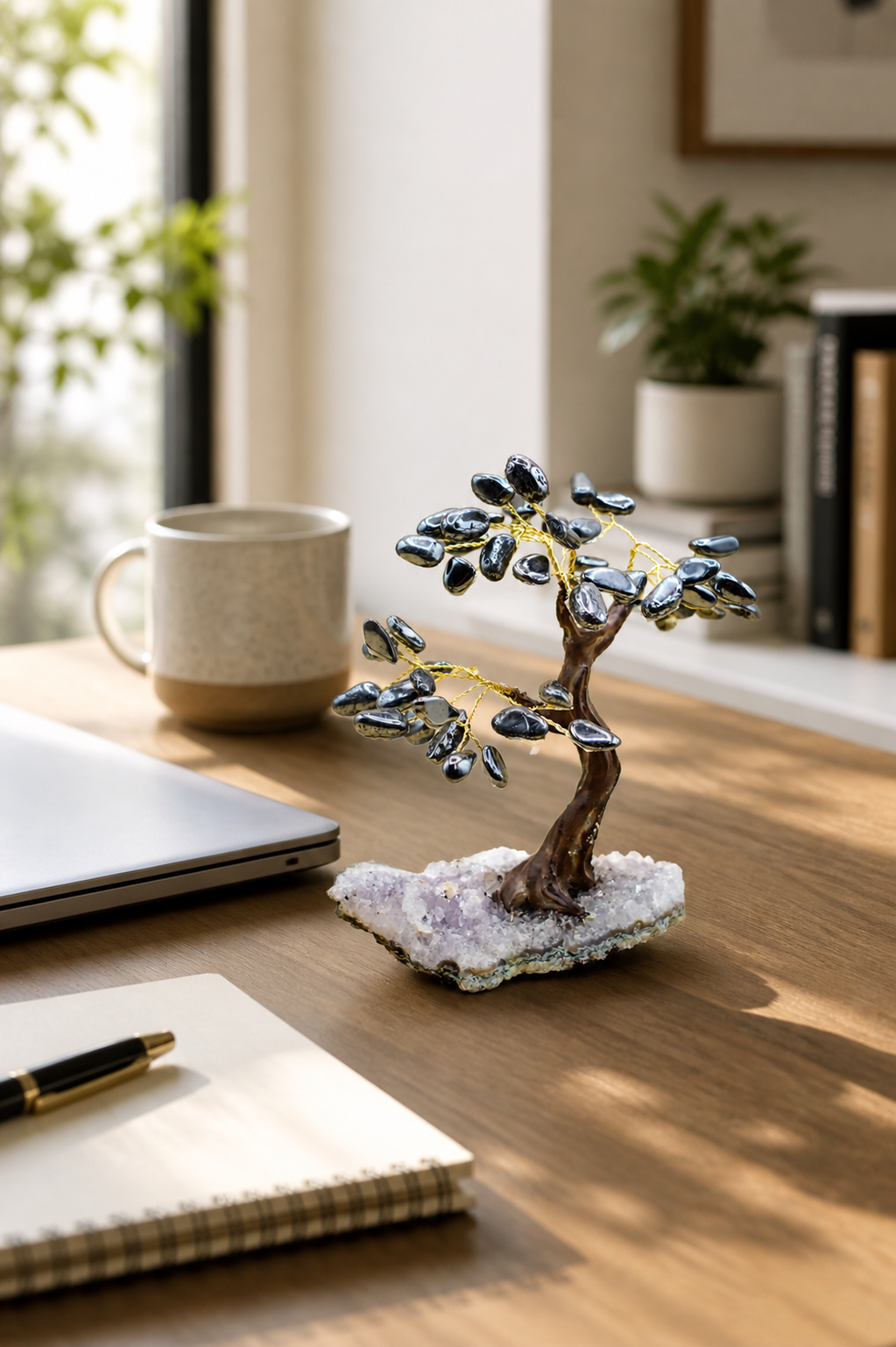 The hematite gemstone tree on a modern home office desk beside a closed laptop, a ceramic coffee mug, and a notebook. 