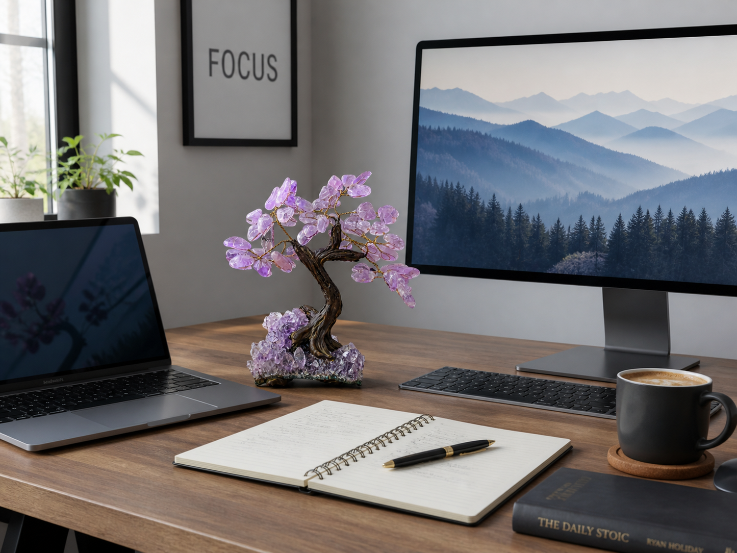 A clean and stylish work desk setup with a laptop, notebook, and a cup of coffee. The amethyst gemstone tree sits neatly beside the monitor as a calming decorative piece. Cool daylight lighting enhances clarity, with subtle reflections on the crystal surface. The environment conveys focus, creativity, and a premium work-from-home vibe.