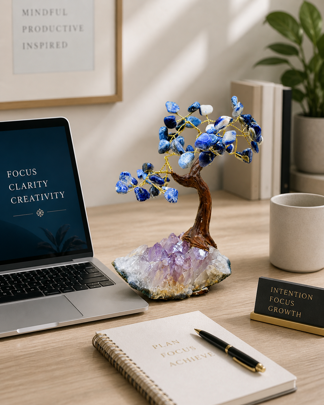 Sodalite tree on a minimalist work desk next to a laptop and notebook, suggesting it as a decorative piece that promotes focus, clarity, and creativity in a professional workspace.