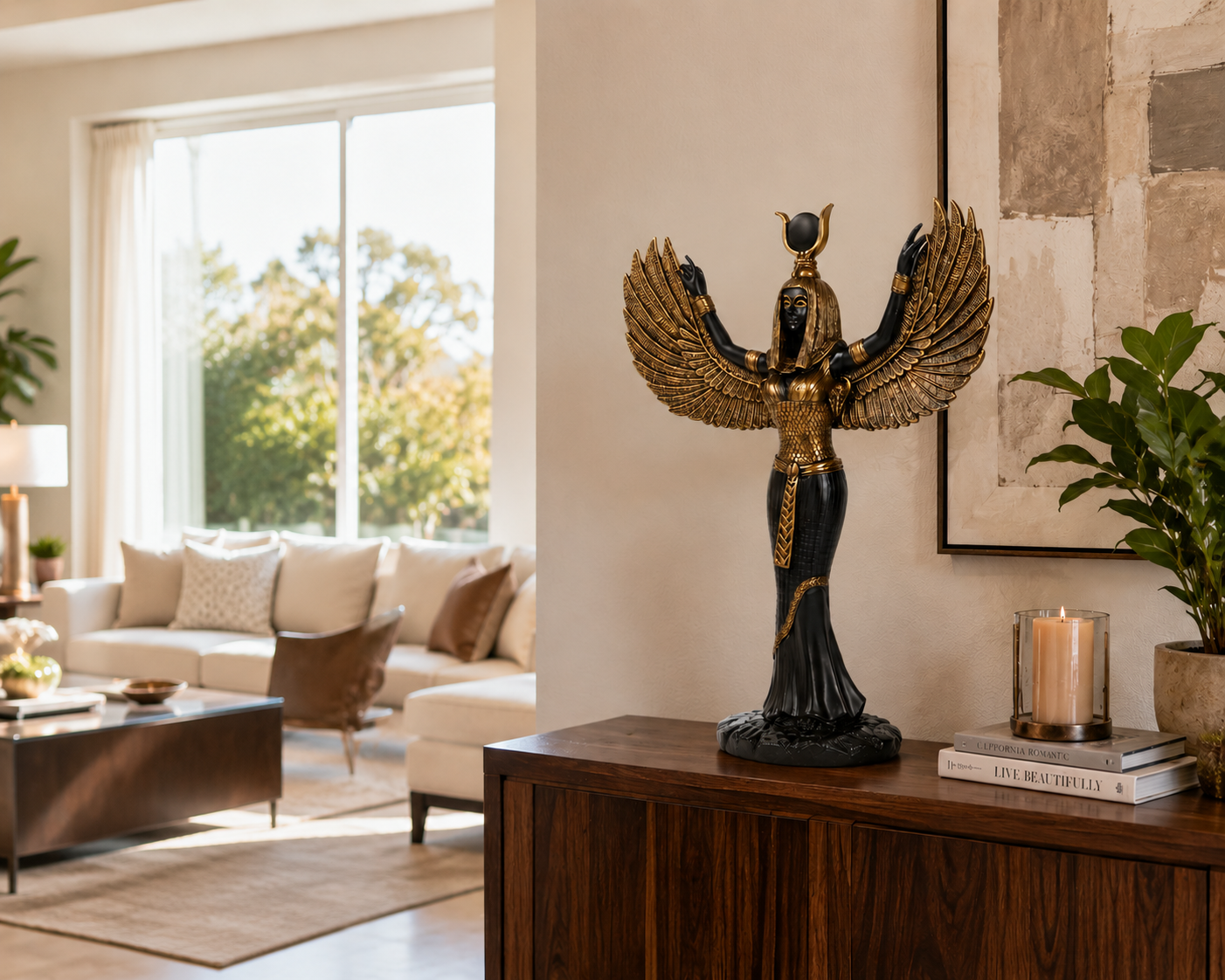 Isis Mythological Black Finish Statue on a wooden table in a living room with a couch and plants.