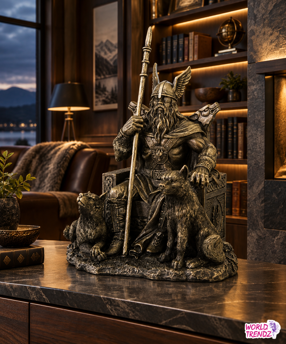 A dark bronze-finished ODIN — Norse God statue seated on a throne holding a spear, with a wolf at his side, displayed on a polished dark stone countertop in a warmly lit modern living room.