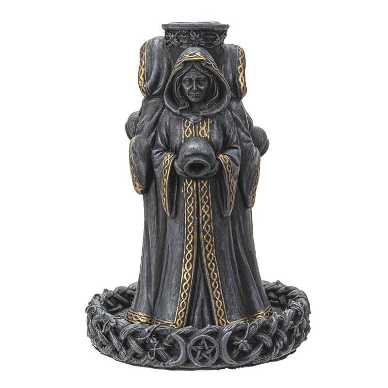 Statue of Mother Maiden Crone Mugga Incense Burner in dark robes with gold accents on a white background