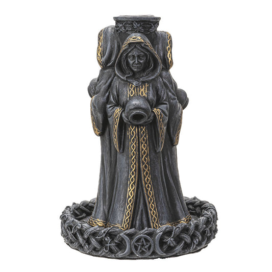 Statue of Mother Maiden Crone Mugga Incense Burner in dark robes with gold accents on a white background