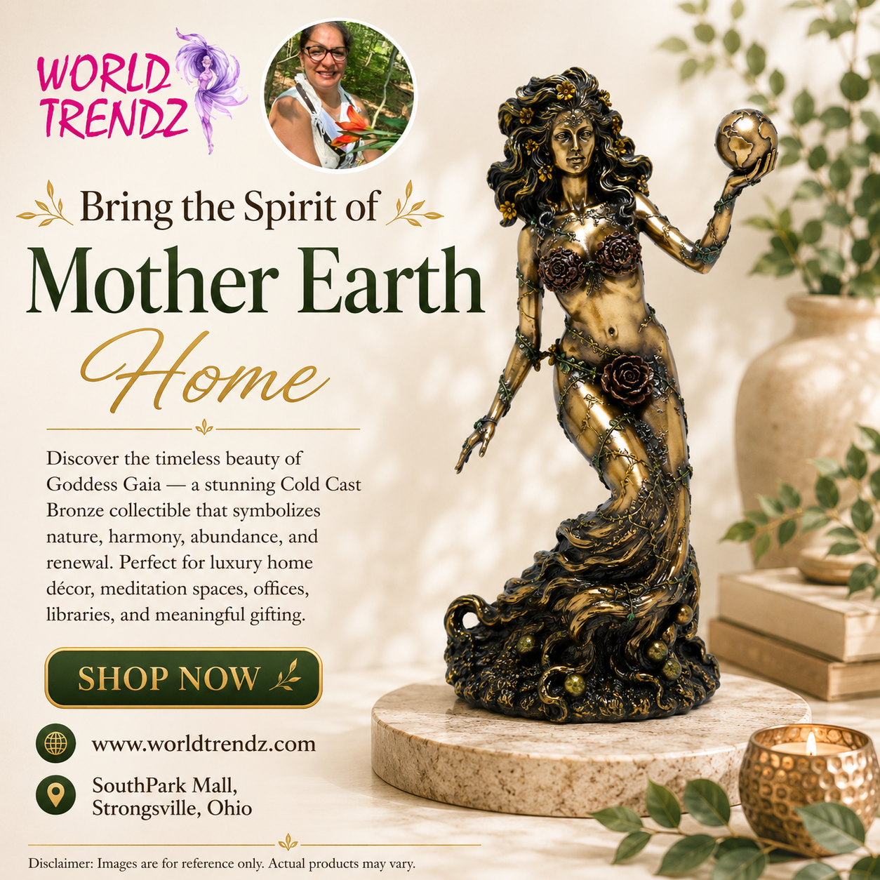 Promotional product image for a World Trendz Goddess Gaia Mother Earth home decor collectible statue. The bronze-finished figurine depicts a female goddess holding a sphere, standing on a textured rocky base.