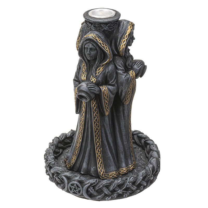 Statue of Mother Maiden Crone Mugga Incense Burner in dark robes with gold accents on a white background