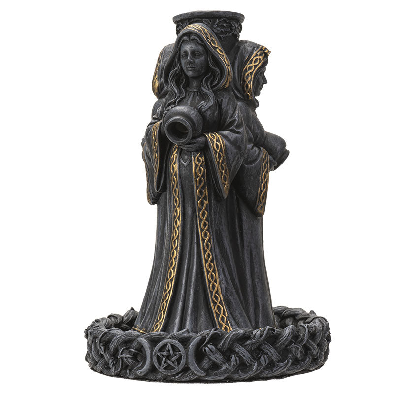 Mother Maiden Crone Mugga Incense Burner in dark robes with gold accents holding a lantern on a white background