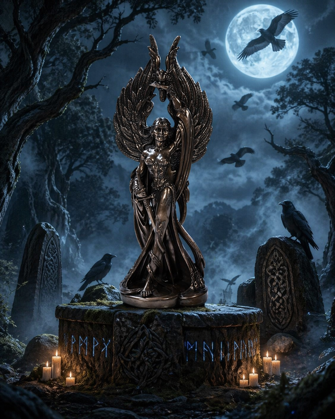Statue of Goddess Morrigan with wings spread in a dark, moonlit forest with crows and candles.