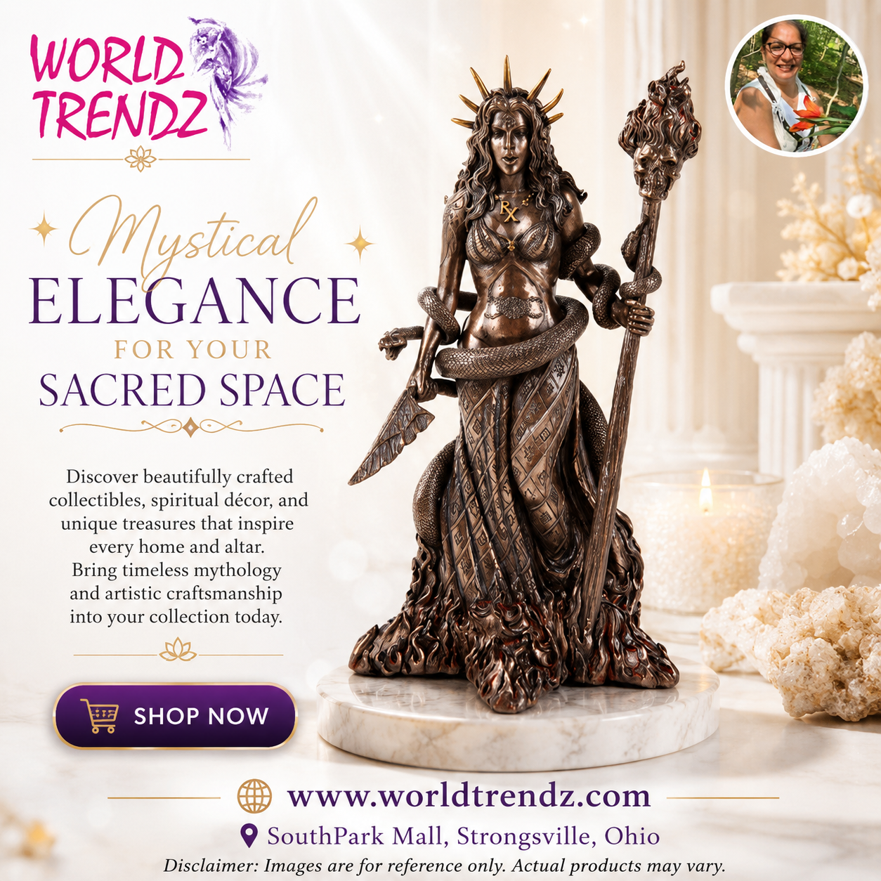 A bronze-finished statue of Hecate, a crowned goddess holding a staff and sword, displayed on a marble base in a styled interior scene. The image includes promotional text for World Trendz, a shopping button, website information, and a small circular inset photo of a person.