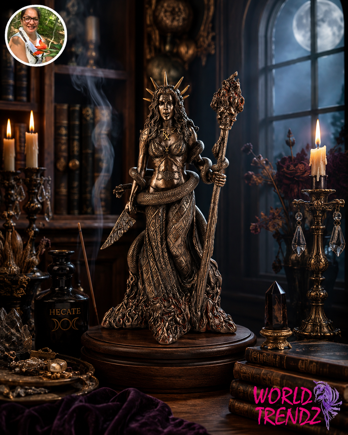 A dark bronze-finished statue of Hecate, a crowned goddess holding a staff, displayed on a wooden pedestal in a gothic-themed room with candles, books, and crystals. A circular inset in the top-left shows a woman, and a 'WORLD TRENDZ' logo is visible in the bottom-right corner.