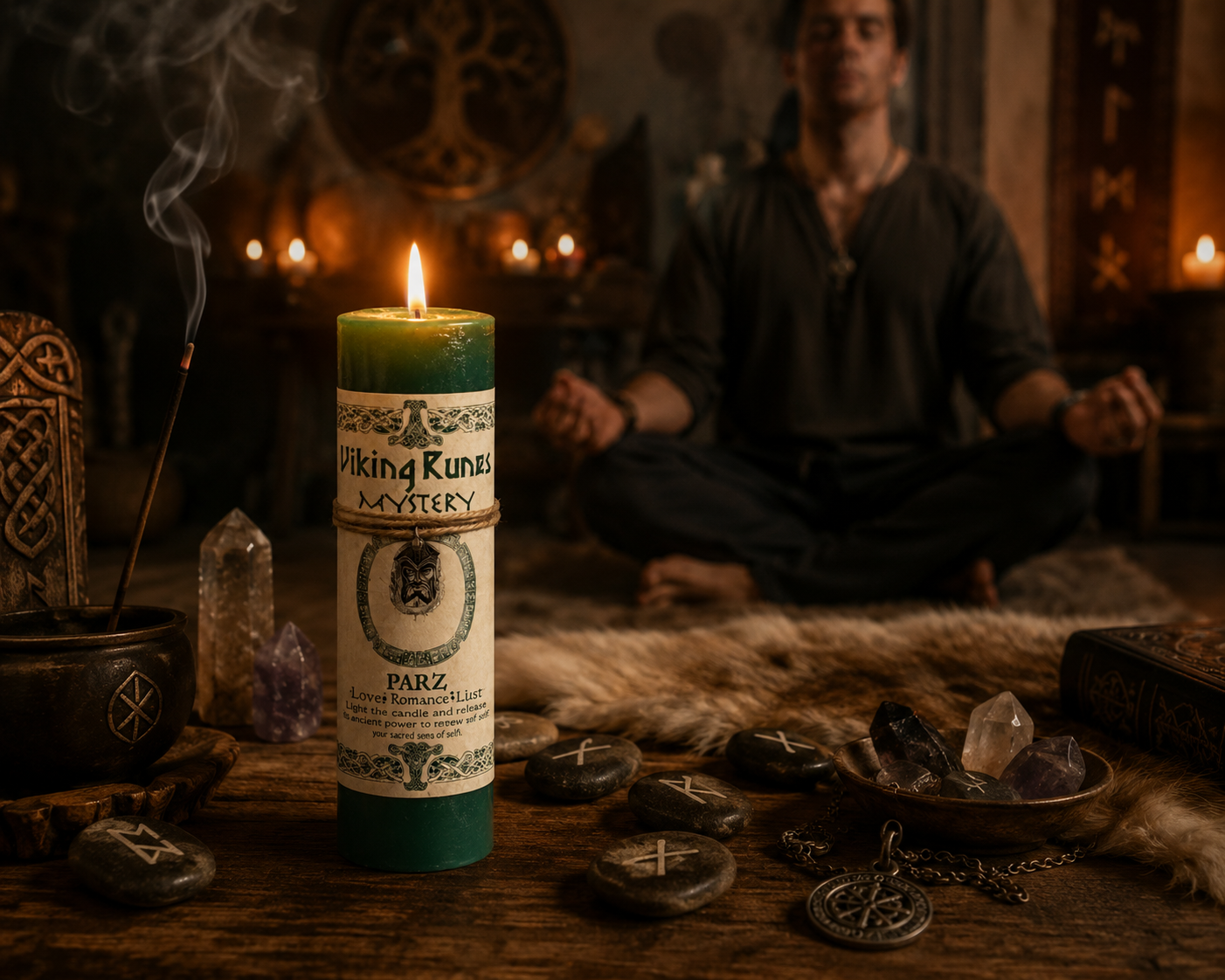 Viking Runes Mystery Parz Candle on a rustic wooden altar surrounded by rune stones, crystals, soft incense smoke, and dim ambient lighting.