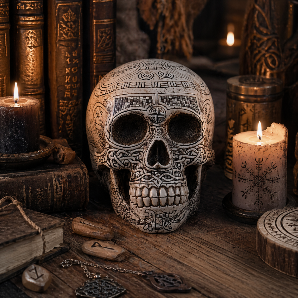 Decorative Viking skull with intricate designs surrounded by candles and books in a mystical setting